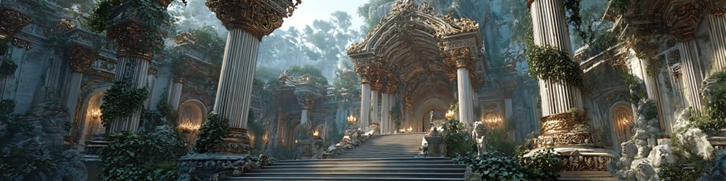 Temple hall with holographic timeline projected by ancient AI device