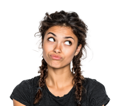 Thoughtful young woman with braids in pondering life choices isolated on transparent background