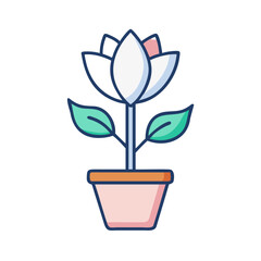 Potted Flower Illustration with Green Leaves and White Petals on Black Backdrop