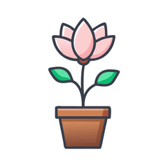 Stylized illustration of a potted lotus flower with pink petals and green leaves