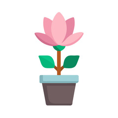 Stylized illustration of a pink lotus flower growing in a pot against black backdrop