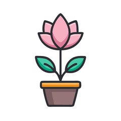 Stylized illustration of a pink flower in a brown pot on black background