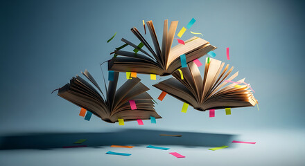 The magic of education and literature conceptualized by open textbooks floating in mid-air, filled with colorful page markers for study.