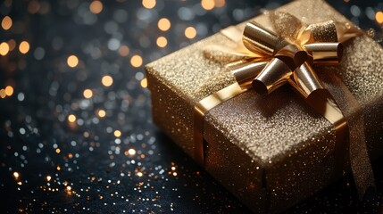 Gold Glitter Gift Box with Bow on Dark Background