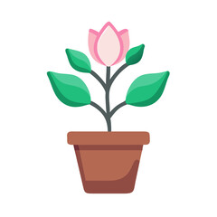 Stylized flat illustration of a pink flower in a brown pot on black