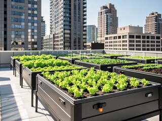 Fototapeta premium Urban rooftop garden with fresh lettuce in raised garden beds