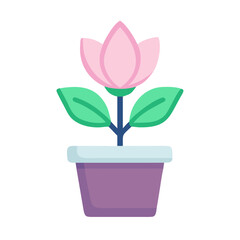 Stylized pink lotus flower in a pot, on black background, flat style