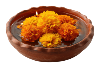 Festival celebration with marigold flowers in a traditional diya bowl isolated on transparent background