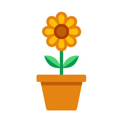 Stylized sunflower in terracotta pot on a black background in a minimalist illustration
