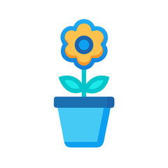 Stylized flower in a blue pot against a black background graphic