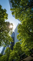 Urban skyscrapers framed by bright green trees