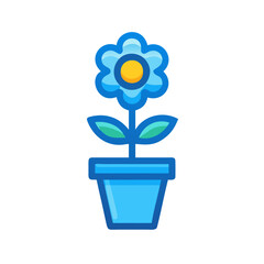Blue flower in a pot with eight petals and yellow center illustration
