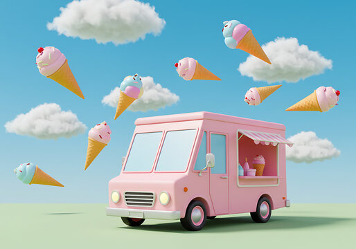 A whimsical pink ice cream truck is surrounded by numerous colorful ice cream cones floating in a bright blue sky with fluffy white clouds. - Powered by Adobe