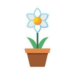 Stylized flat illustration of a potted flower with white petals and yellow center