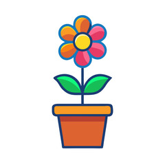 Cartoon flower with colorful petals in a pot against a black background