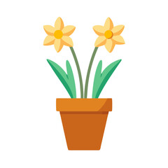 Stylized illustration of daffodils in a terracotta pot against black background