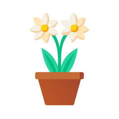 Daisy flowers in a brown pot, flat vector style on black background
