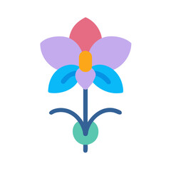 Stylized single flower with pink, lavender, and blue petals on black background