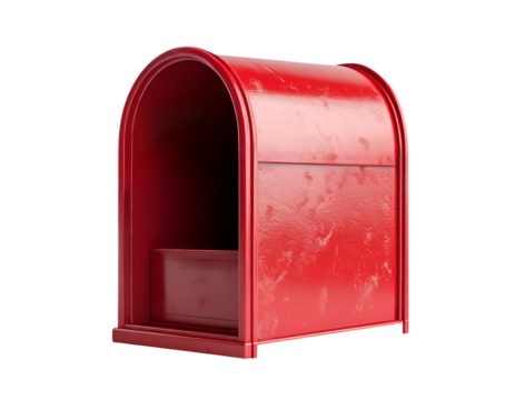 Red metal mailbox with open compartment and curved top on isolated background
