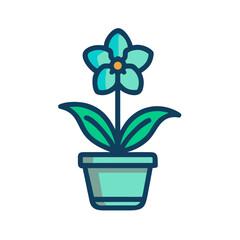Stylized flower in a pot with bold outline on black backdrop