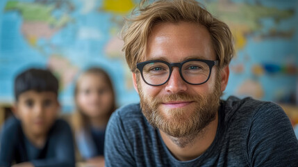 Warm and engaging portrait of smiling bearded male teacher wearing glasses, with blurred diverse students and world map in background, symbolizing dedication to education and connection in classroom s
