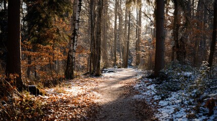 Serene Autumn Pathway through a Sunlit Forest with Falling Leaves