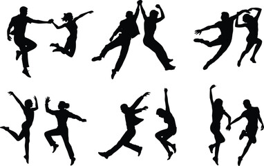 Silhouettes of dancing couples in dynamic poses, energetic dance movements, black vector dancers, expressive choreography illustration, white background, performing arts concept