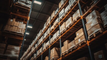 Obraz premium High Angle View of Warehouse Interior with Stacked Cardboard Boxes on Orange Metal Shelving Units