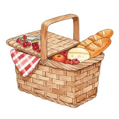 Rustic Brown Wicker Picnic Basket with Bread Cheese and Apples