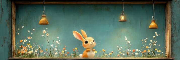 Enchanting illustration of adorable orange bunny peeking from vibrant meadow of wildflowers on rustic wooden ledge, illuminated by quaint hanging lamps within serene teal-walled nook