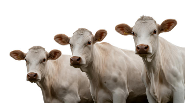 Three light cream colored cows with dark eyes and noses posing together in a field outdoors on a cloudy day, transparent background