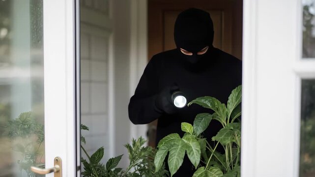 Masked Burglar Holding Flashlight Signaling Others at Door Entrance