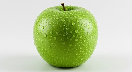A green apple covered in water droplets sits against a white background