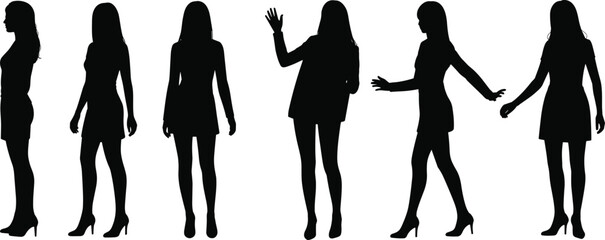 Silhouettes of women standing, walking, and gesturing in high heels, side and front views, elegant female figures, fashion model vector icons