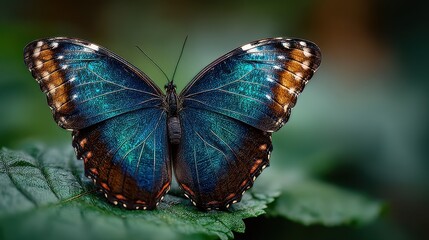 Obraz premium Vibrant blue butterfly resting on green leaf in lush garden at sunny day