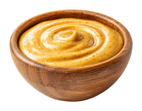 Serving delicious mustard sauce in wooden bowl kitchen food isolated on transparent background