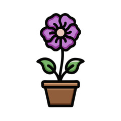Stylized purple flower in brown pot on black background illustration image