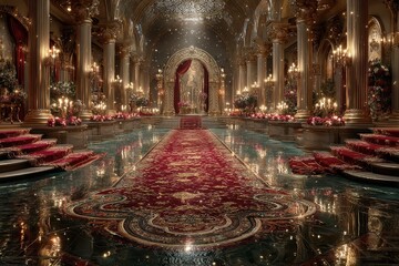 Obraz premium Elegant grand hall adorned with opulent decor and soft candlelight in a luxurious setting