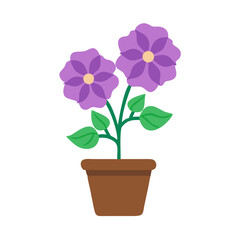Potted purple flowers with green leaves against a black background illustration