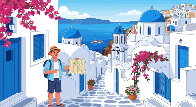 Tourist Exploring Greek Island With Traditional Architecture And Scenery