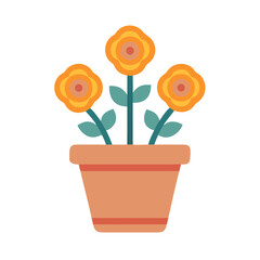 Stylized illustration of three orange flowers in a terracotta pot on black background