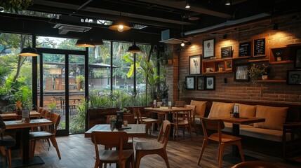 Modern Cafe Interior Design with Wooden Tables and Brick Walls