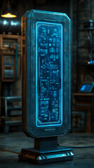 Imposing, robust industrial data server unit with vibrant glowing blue holographic interface displaying complex digital information within dimly lit, futuristic workshop setting.