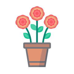 Vibrant potted flowers illustration with three blossoms and green leaves against black background
