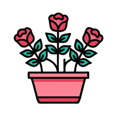 Stylized illustration of three roses in a pot on a black background