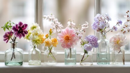 Assorted Fresh Flowers in Vintage Glass Bottles on Window Sill