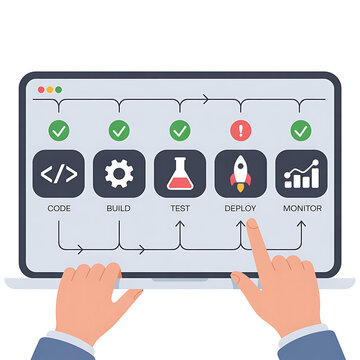 DevOps pipeline on tablet with hands pressing deploy, code build test monitor, flat illustration