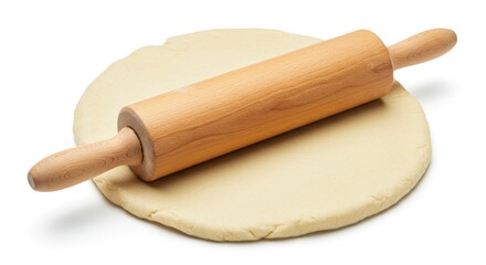 A rolling pin lies atop a circle of dough on a white surface