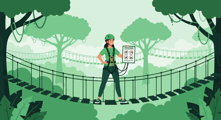 Woman On Rope Bridge In Adventure Park Enjoying Outdoor Activity