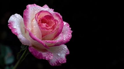Beautiful Pink and White Rose with Water Droplets on Black Background